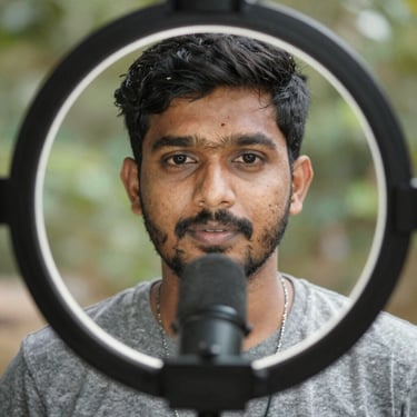 Portrait of a smiling man in a cozy studio setting with warm lighting