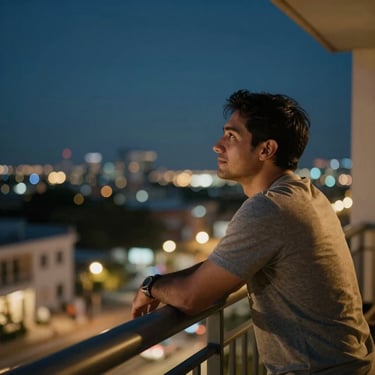 A relaxed North American man leaning against a balcony railing at night, looking peaceful as he looks at the city lights, soft golden lighting and dark blue sky.