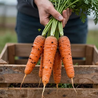 Hands holding a cluster of damp, soil-flecked heirloom carrots under soft, overcast Scandinavian morning light, rustic wooden crate background.