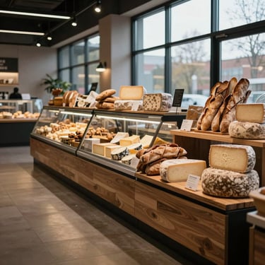 A modern food hall interior during quiet hours, soft natural light streaming through high windows onto artisanal cheese displays and rustic bread racks.