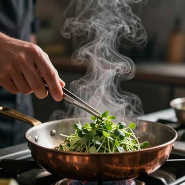 Extreme close-up of steam rising off a copper pan in a dim kitchen, warm chef hands plating microgreens with tweezers, moody shadows.
