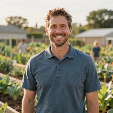 A warm portrait of David Miller, a male wellness coordinator in an active community garden space, smiling, natural outdoor daylight, 35mm lens.