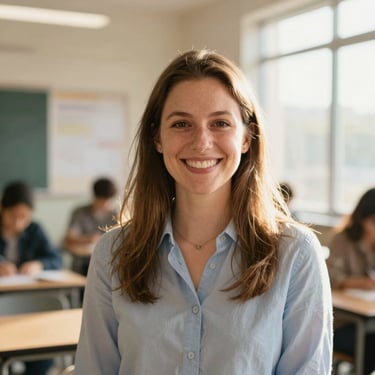 A warm portrait of Sarah Jenkins, a female career readiness instructor in a bright classroom, smiling, soft window light, shallow depth of field, 35mm lens.