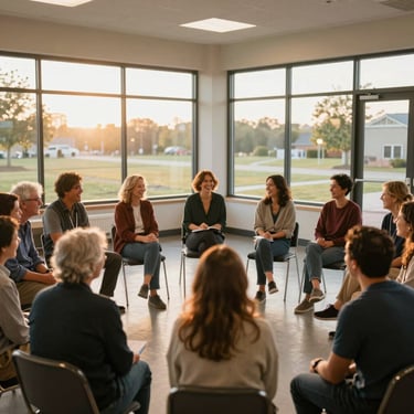 Warm interior of a modern community center in Ohio, natural golden-hour light streaming through large windows, adults sitting in a circle collaborating and laughing, shallow depth of field, 35mm lens.