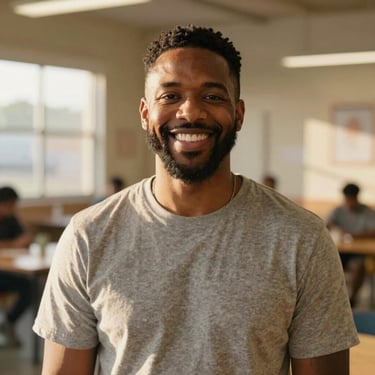 A warm portrait of Marcus Vance, a male community mentor in a casual Ohio community center, smiling, natural golden-hour light, shallow depth of field, 35mm lens.