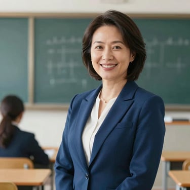 A professional portrait of a female educator in her 40s, smiling warmly, wearing a professional navy blue blazer (#0A1C2C). The background is a softly blurred modern classroom.