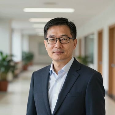 A professional portrait of a man in his 50s with glasses, representing a school principal. He looks confident and trustworthy, set against a background of an academic hallway.