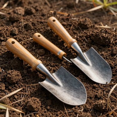 Crisp details of modern agricultural hand tools resting on rich dark soil, warm golden hour daylight, authentic Indian farm setting, 35mm