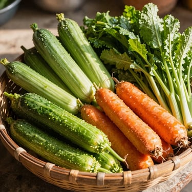 Bright natural photography of fresh Indian vegetables in a cane basket, warm sunlit rural kitchen, rich saturated colors, 35mm