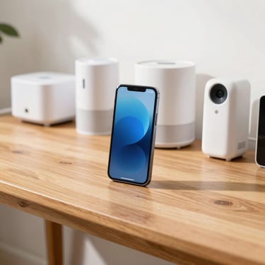 A modern smartphone and home smart devices displayed neatly on a clean wooden surface, bright natural lighting, 35mm