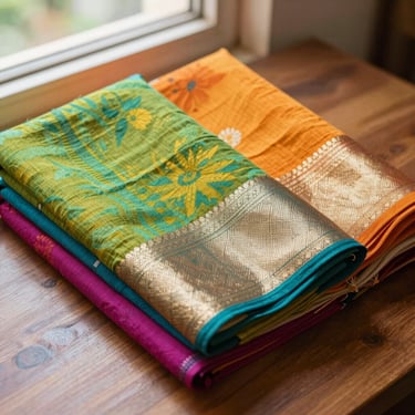 Beautifully folded colorful cotton sarees and traditional Indian textiles on a wooden table, soft window light, rich textures, 35mm