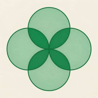 Five overlapping circles arranged in a symmetrical Venn-like cluster, each circle outlined in muted green, overlapping zones filled with a slightly deeper green tint, centered on off-white field, suggesting category intersection mapping