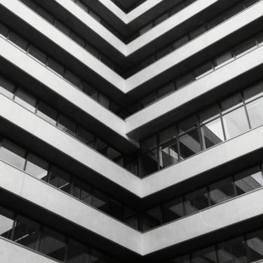 Architectural lines of a modern financial institution intersecting with vector-based probability curves, deep charcoal shadows and stark white highlights.