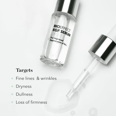 BIOEFFECT EGF Serum bottle and dropper for anti-aging skin care, targeting fine lines and wrinkles.