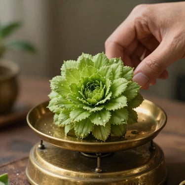 Close-up of hand-trimmed green flower resting on a vintage brass weighing scale, warm lighting.