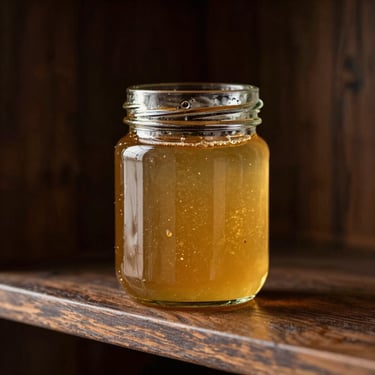 Clear glass jar of golden honey-colored extract resting on a dark wooden shelf.