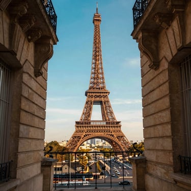 The Eiffel Tower viewed from a quiet Parisian balcony framed by classic stone architecture