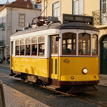 A vintage yellow tram climbing a steep cobblestone street in Lisbon, warm afternoon light