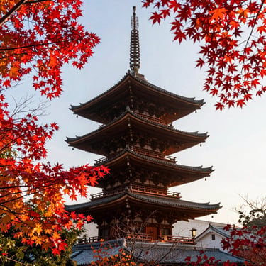 A traditional wooden pagoda in Kyoto framed by vibrant autumn maple leaves, soft morning light