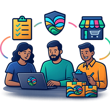 Illustration of branded shipping boxes, storefront icon, and checklist representing East Swell’s mod