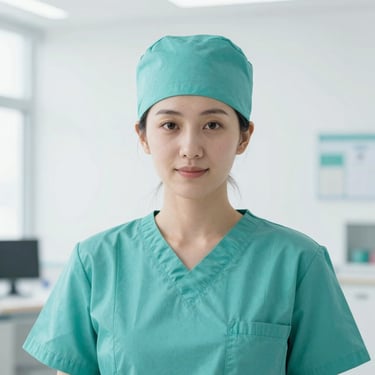 Professional portrait of a female clinical doctor in sterile teal attire, clean medical office background, bright daylighting, 50mm