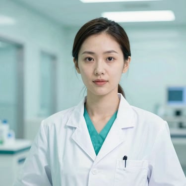 Professional portrait of a female board-certified doctor in a modern clinical setting, sterile teal tones, bright daylighting, sharp focus, 50mm