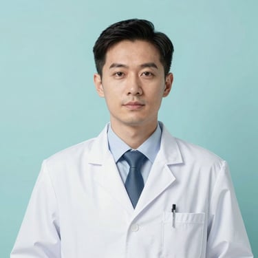 Professional portrait of a male board-certified physician in a clean white coat, cool-toned studio lighting, sharp focus, 50mm