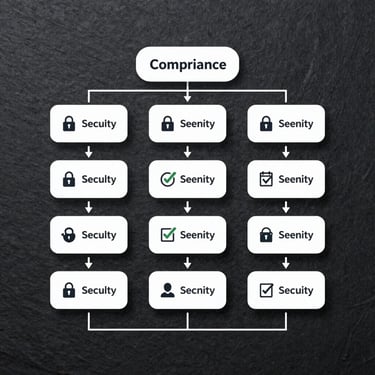 Clean vector diagram showing structured app compliance workflow, security checkmarks, and data-flow arrows on a dark slate background.