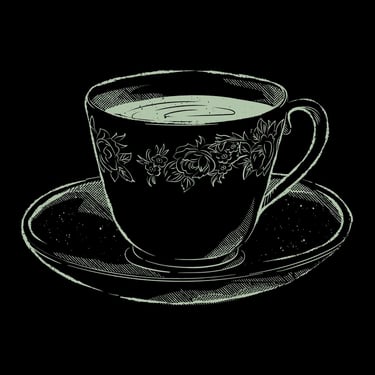 Vintage teacup and saucer illustration with floral rose patterns in a green sketch style.