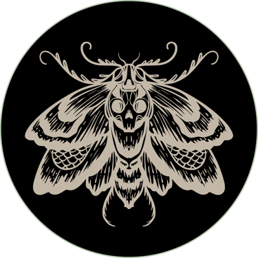Gothic skull moth illustration in a black circle, featuring intricate wings and dark occult aesthetics.