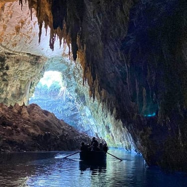 Us visiting an underwater grotto in Kefalonia, Greece