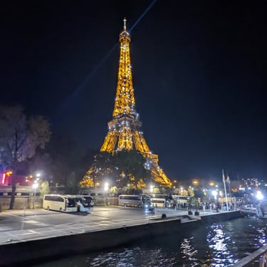 The Eiffel Tower at night in Paris, France