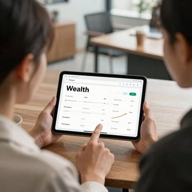 Over-the-shoulder shot of a collaborative financial consultation, modern tablet displaying clean minimalist wealth dashboard, warm daylight, high-end office background.