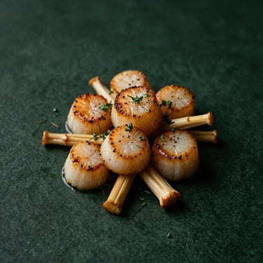 Overhead minimalist shot of seared scallops with bamboo shoots, garnished with local herbs, macro texture, dramatic side-lighting, 50mm