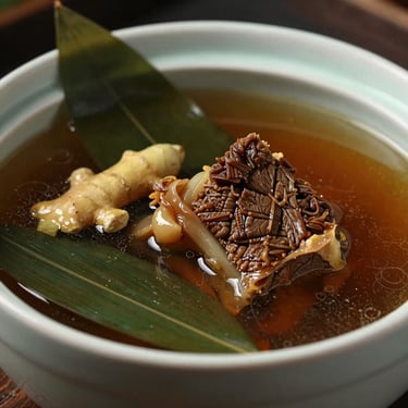 Close-up of slow-simmered beef cheek in rich broth infused with wild ginger and bamboo leaves, elegant ceramic bowl, moody lighting, 50mm