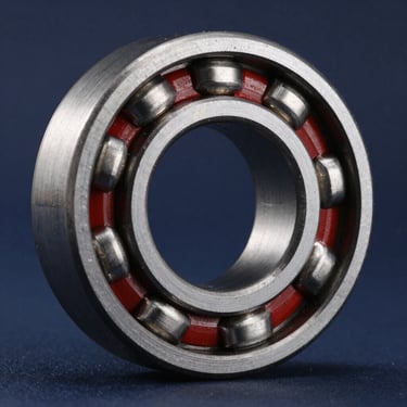 Heavy-duty tapered roller bearing, steel texture, macro depth of field, dark navy background