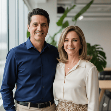 Casal brasileiro feliz de cerca de 50 anos em imagem de depoimento de clientes satisfeitos.