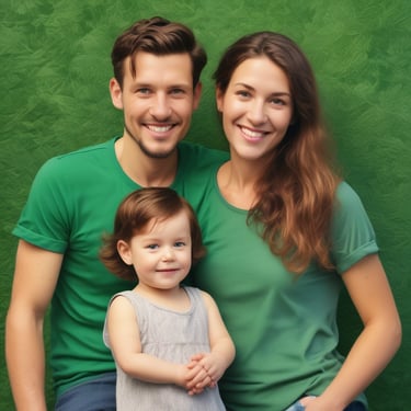 casal com filho no fundo verde 