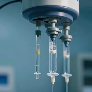 Close-up of sterile infusion sets with drip chambers and precision flow regulators, clinical blue background