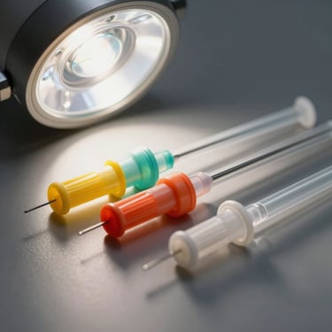 Macro shot of sterile disposable needles and IV cannulas with secure color-coded hubs, clinical shadowless lighting