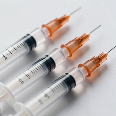 Extreme close-up of sterile disposable syringes with clear graduation markings and orange safety caps, clinical white background