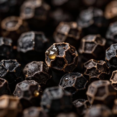 Extreme macro close-up of whole black peppercorns, glistening natural oils, low-key side lighting, deep charcoal background