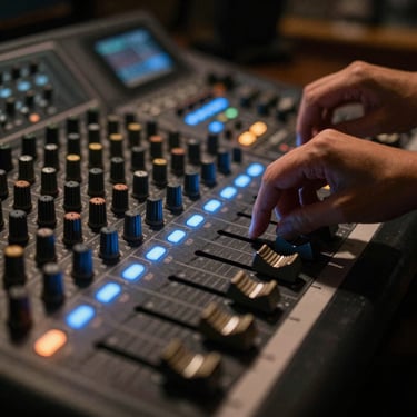Close-up of a mixing console with glowing blue LED level meters, hands adjusting faders in a low-lit nocturnal studio environment, shallow depth of field.