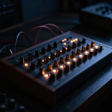 Atmospheric shot of a modular synthesizer with patch cables, small warm amber indicator lights glowing in a dark room, moody indigo shadows.