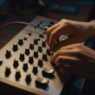 Close-up of hands tuning an analog modular synthesizer patch cable, low-key studio lighting, gold and blue accents