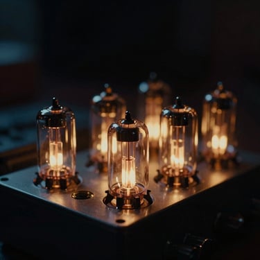Macro shot of warm glowing vacuum tubes inside a vintage compressor, low-key amber lighting, dark studio background, cinematic 35mm film.