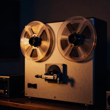 Moody studio interior, reel-to-reel tape machine spinning in low light, warm amber reflections on metallic reels