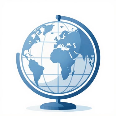 A blue and white world globe icon representing global connectivity and earth geography.
