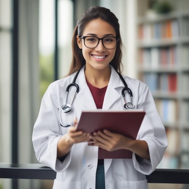 A smiling professional woman in business casual attire, sitting at a desk with a laptop and notes.