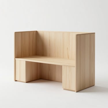 Minimalist modern wooden coffee booth, clean lines, white background, bright studio lighting